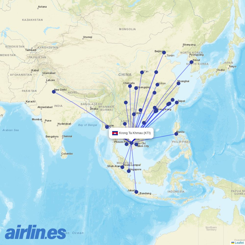 Cambodia Airways from Kratie Airport destination map