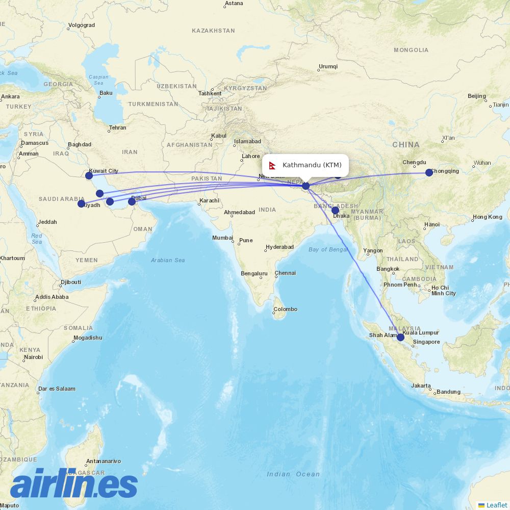 Himalaya Airlines from Tribhuvan International destination map
