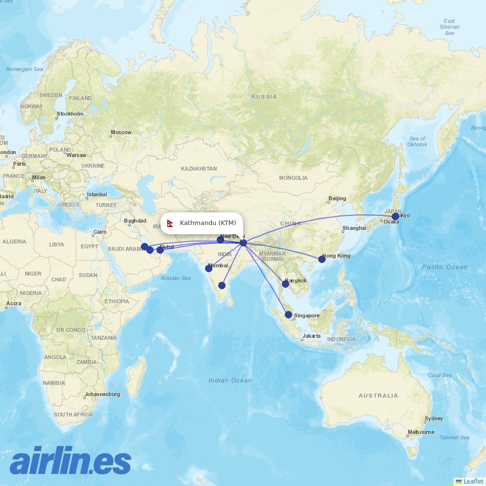 Nepal Airlines from Tribhuvan International destination map
