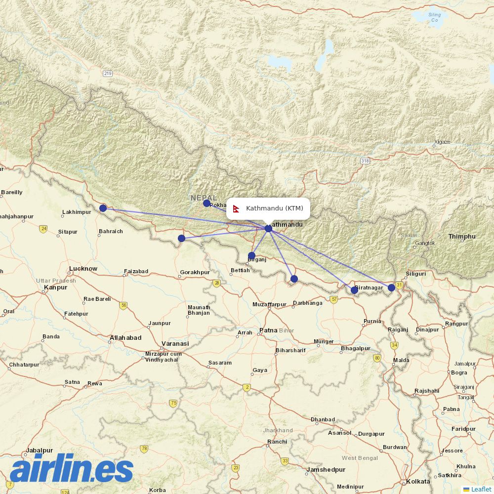 Yeti Airlines from Tribhuvan International destination map
