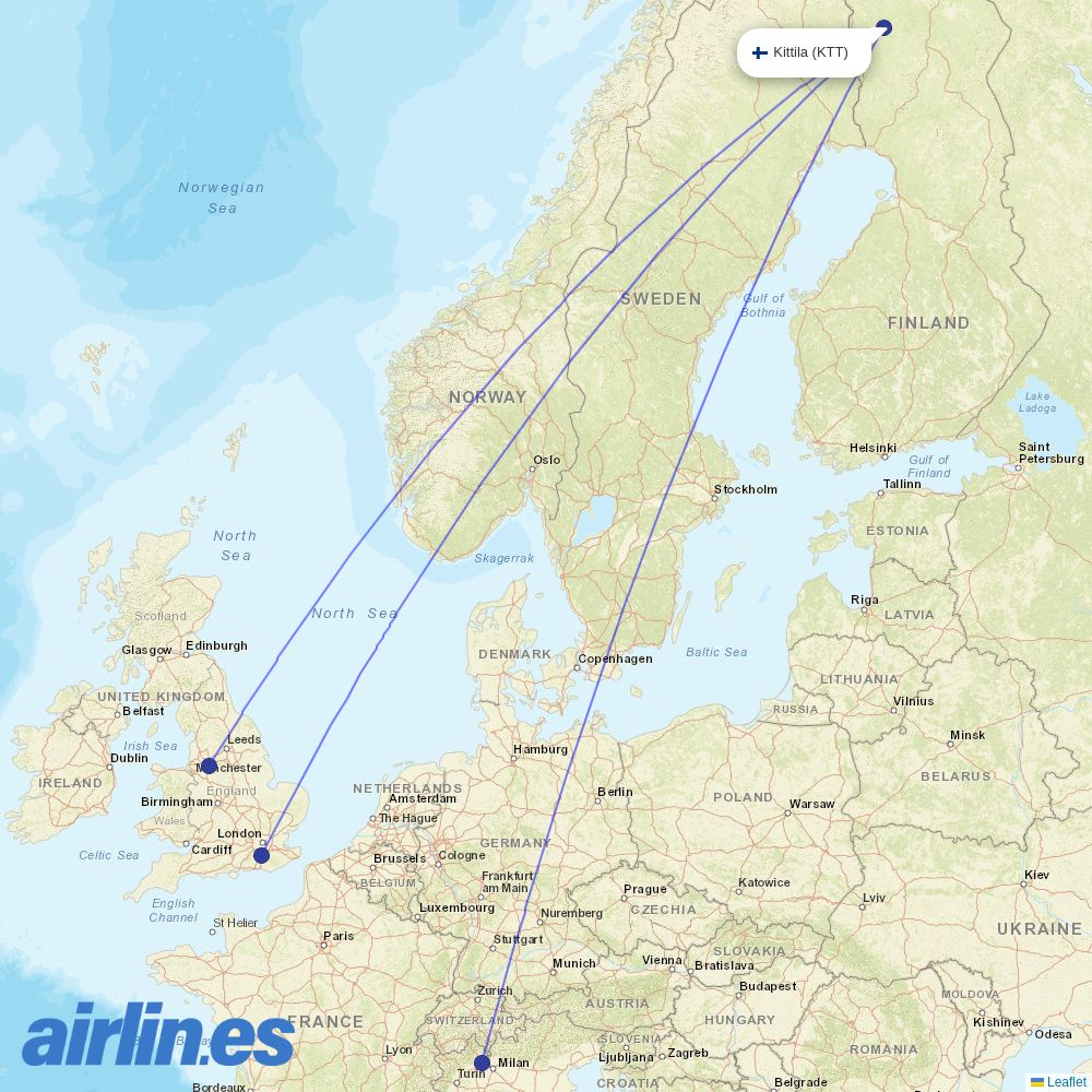 easyJet from Kittila destination map