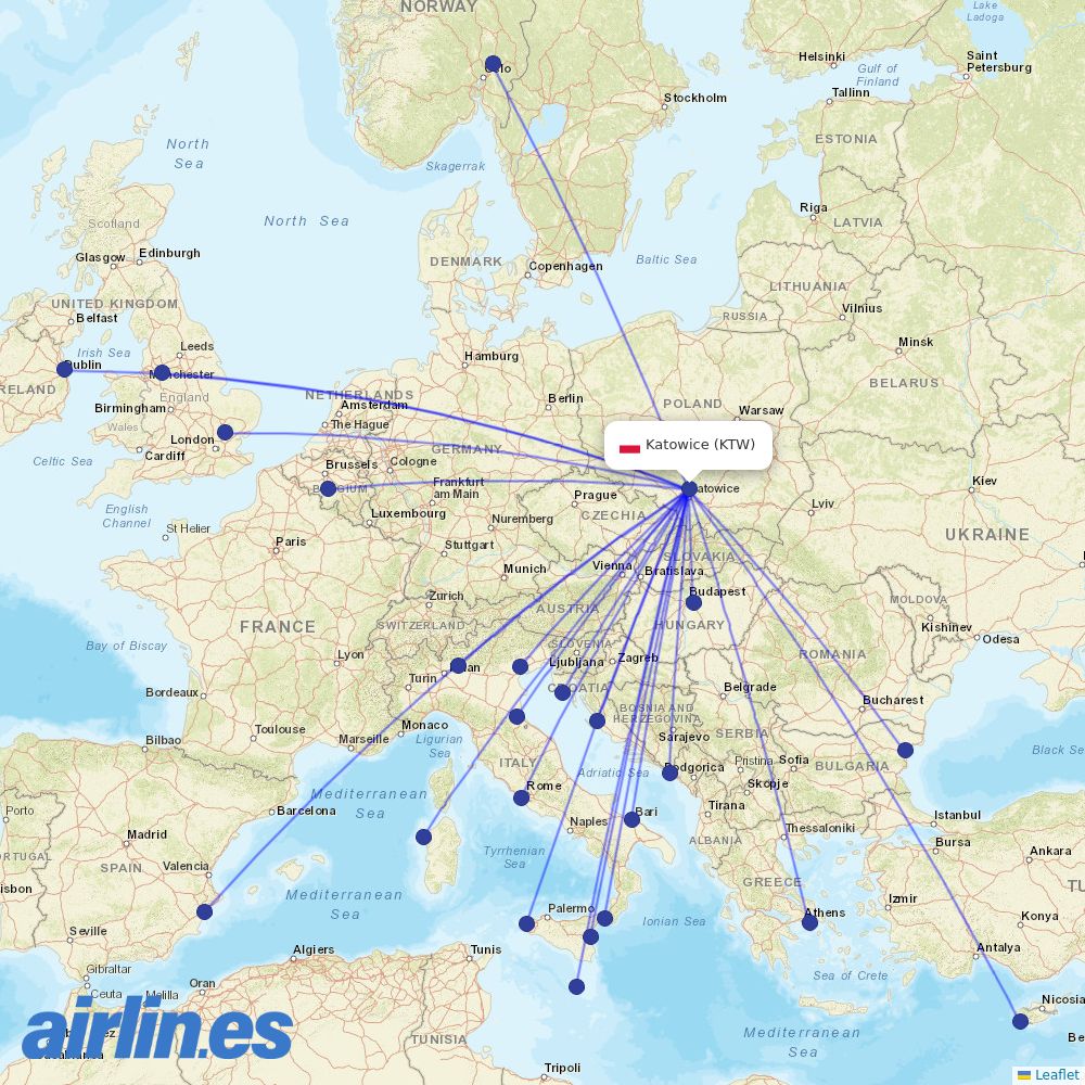 Ryanair from Katowice Airport destination map