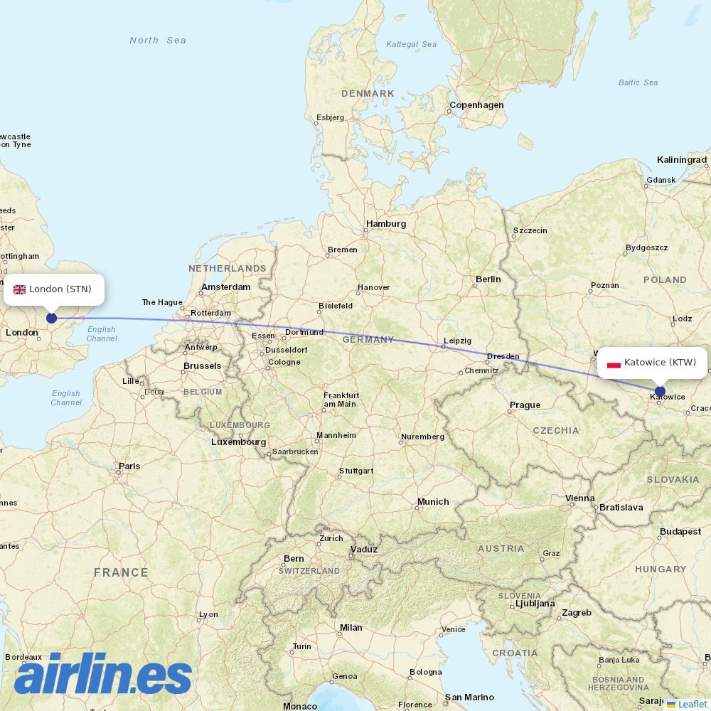 Ryanair UK from Katowice Airport destination map