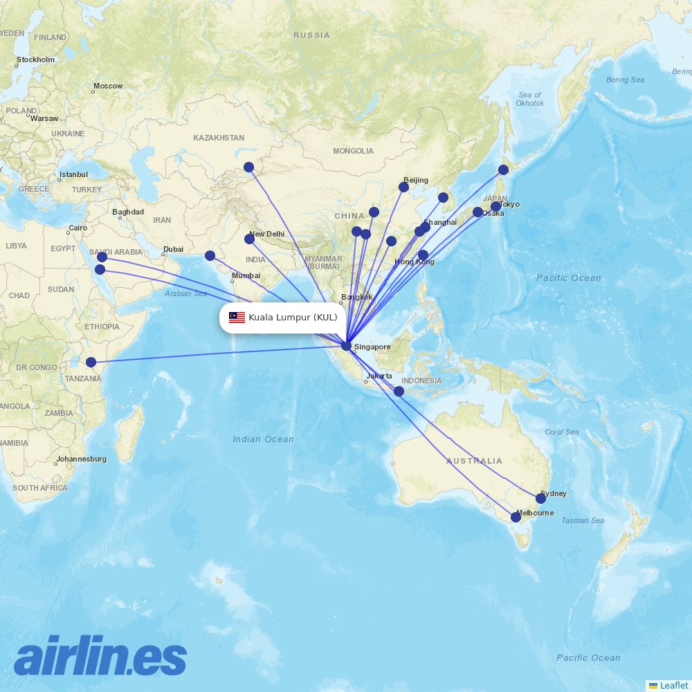 AirAsia X from Kuala Lumpur International Airport destination map