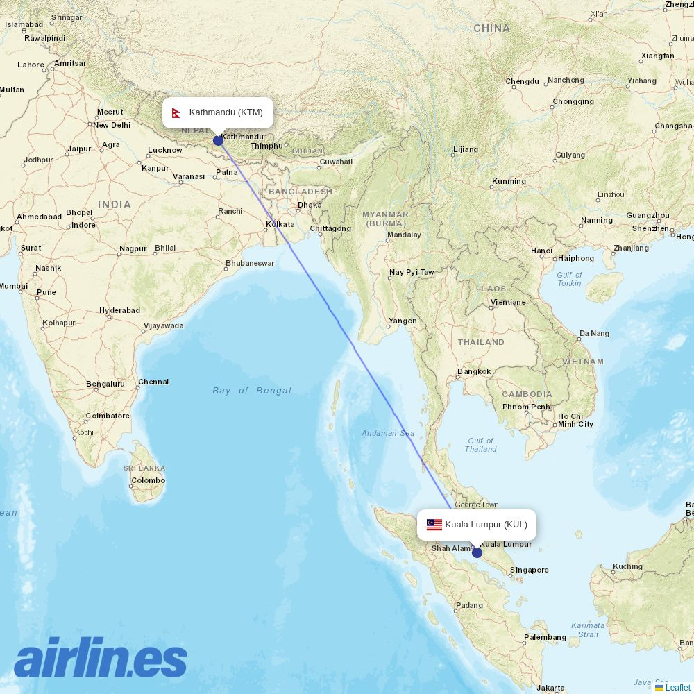 Himalaya Airlines from Kuala Lumpur International Airport destination map