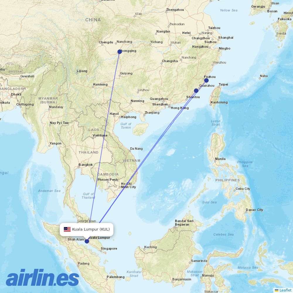 Xiamen Airlines from Kuala Lumpur International Airport destination map