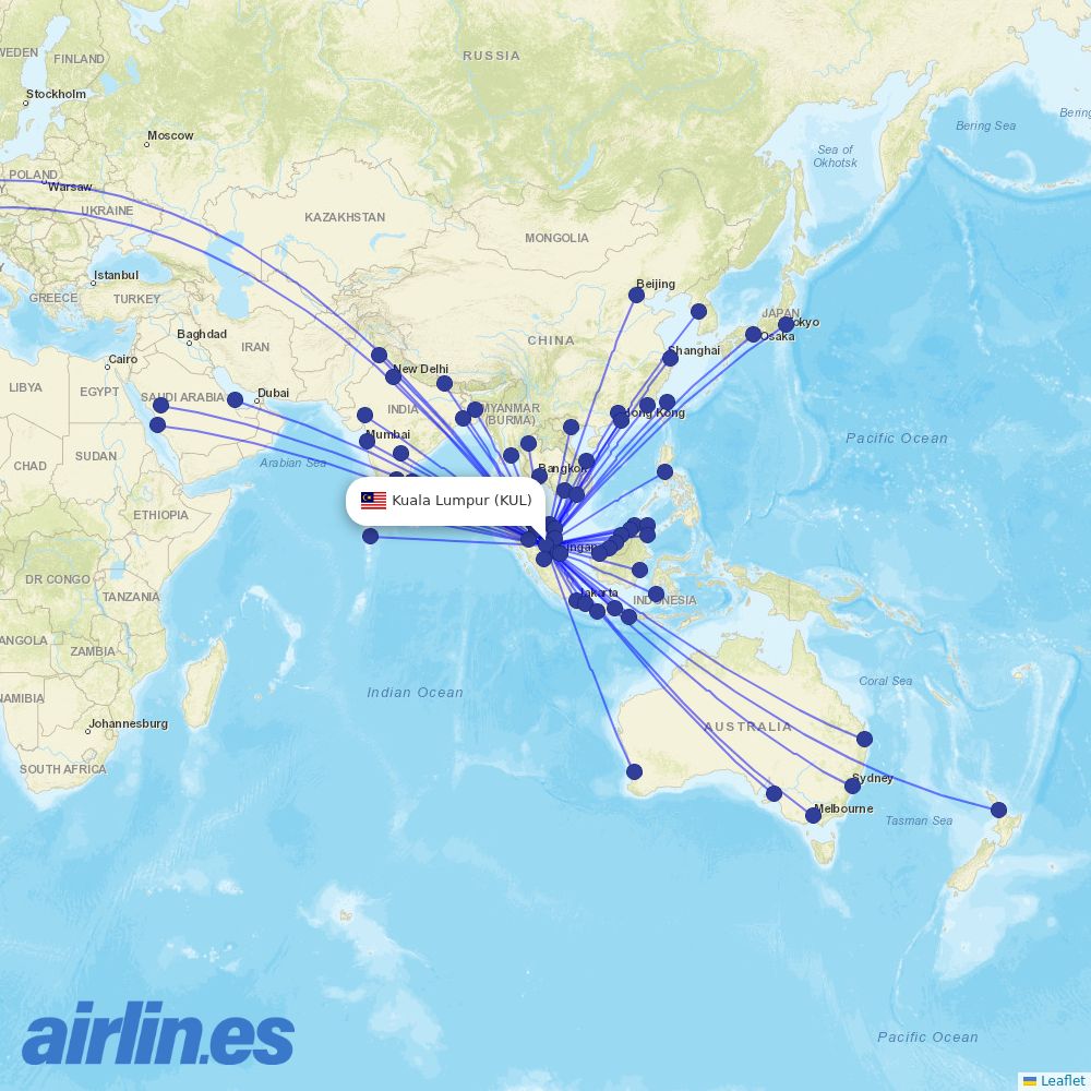 Malaysia Airlines from Kuala Lumpur International Airport destination map