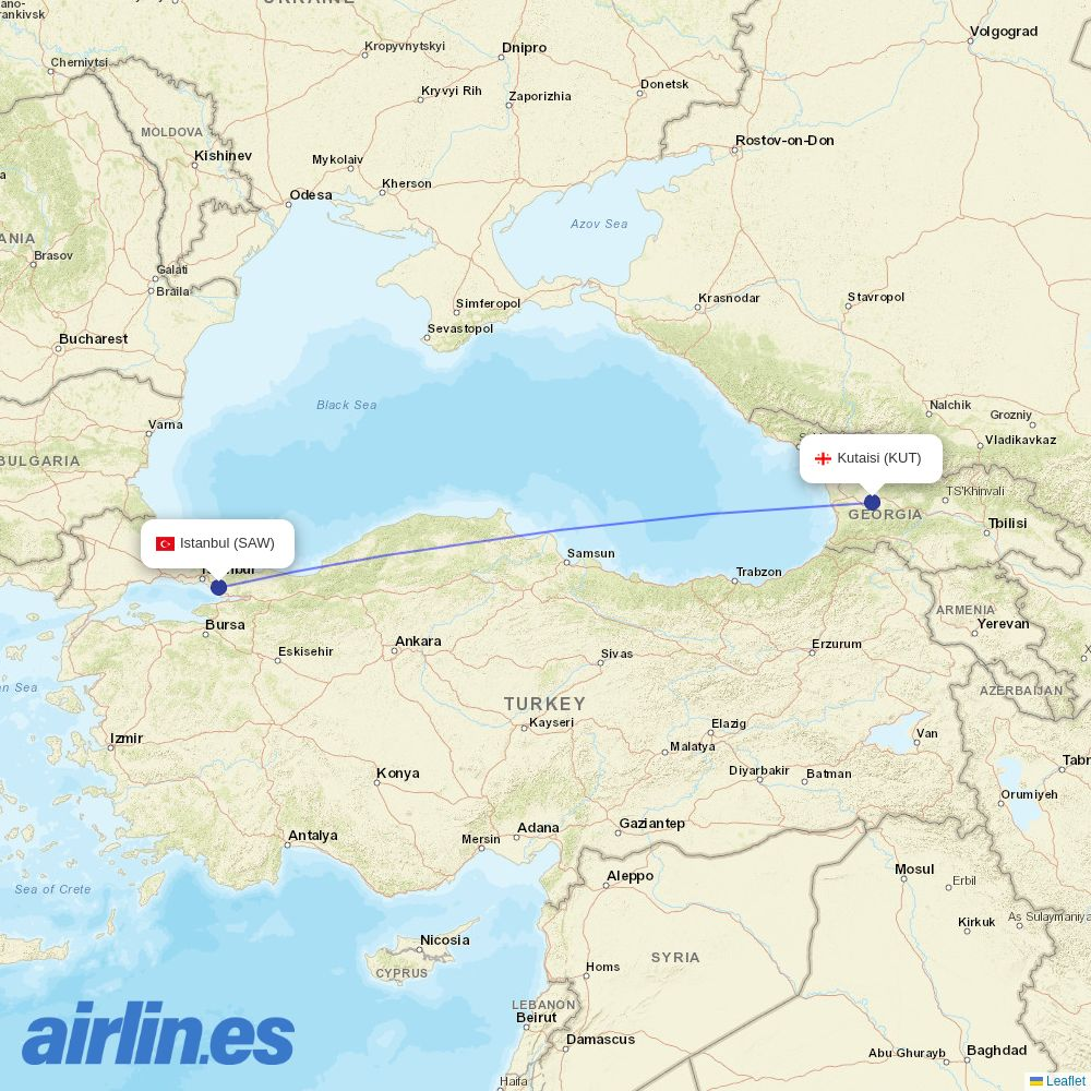 Pegasus from Kutaisi destination map