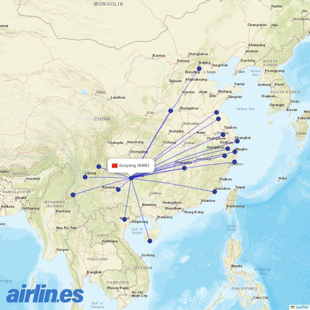 Colorful GuiZhou Airlines from Guiyang Longdongbao International Airport destination map