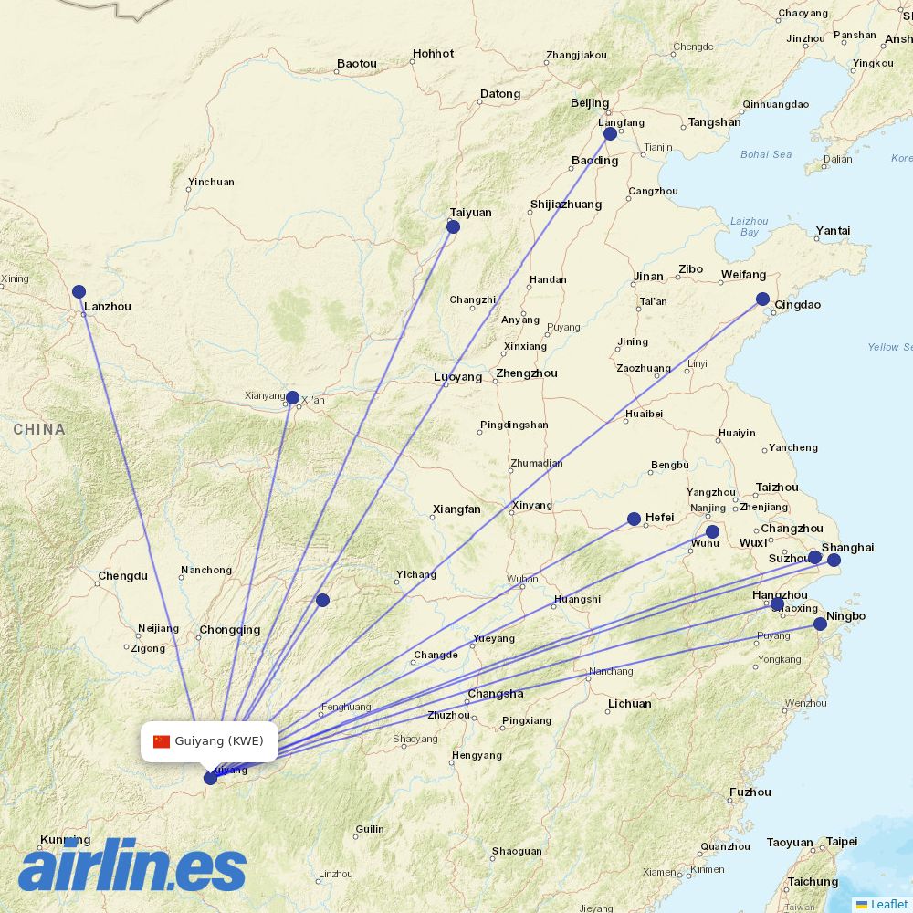 China Eastern Airlines from Guiyang Longdongbao International Airport destination map