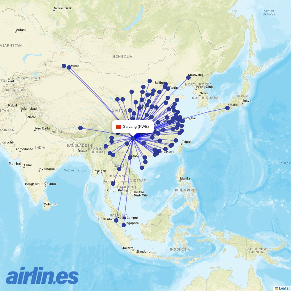 Qingdao Airlines from Guiyang Longdongbao International Airport destination map