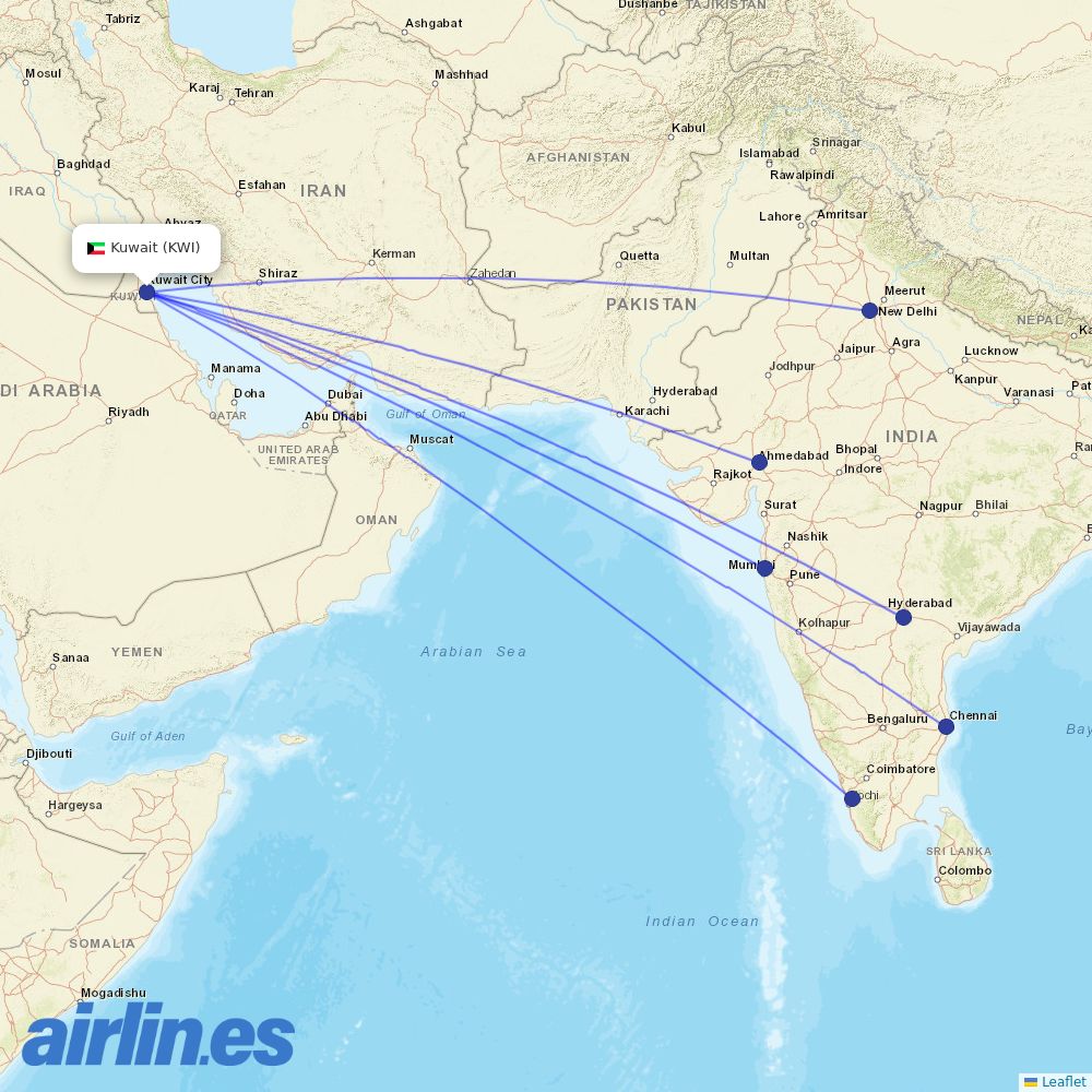 IndiGo from Kuwait International destination map
