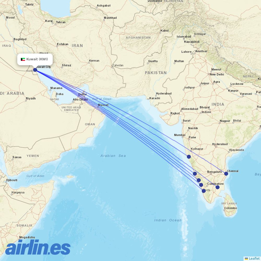 Air India Express from Kuwait International destination map