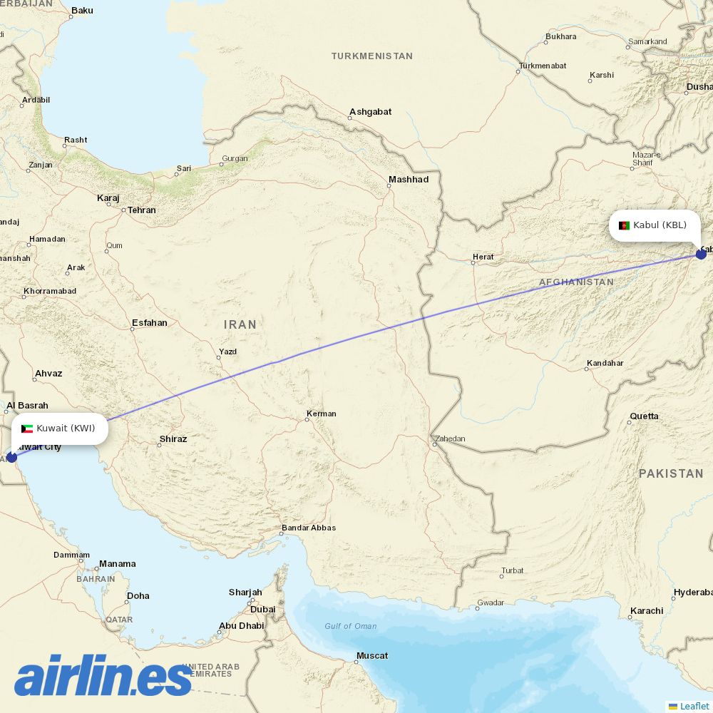 Kam Air from Kuwait International destination map