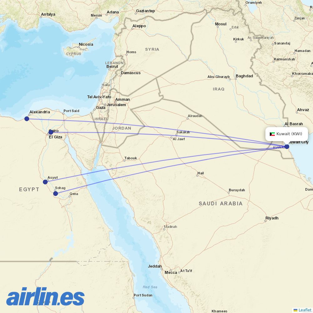 Air Cairo from Kuwait International destination map