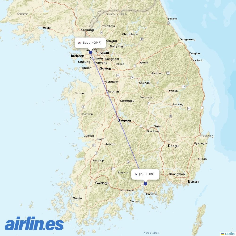 Jin Air from Gwangju destination map