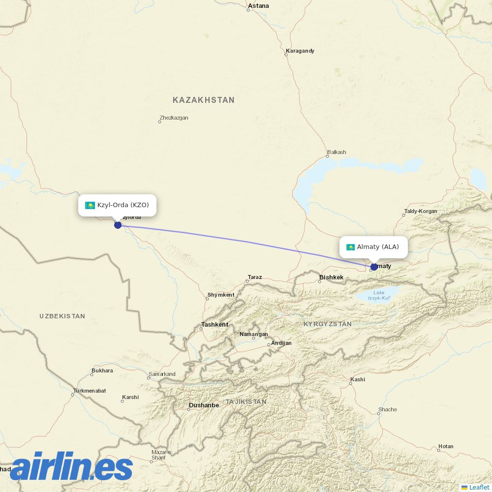 Air Astana from Kzyl-Orda Airport destination map