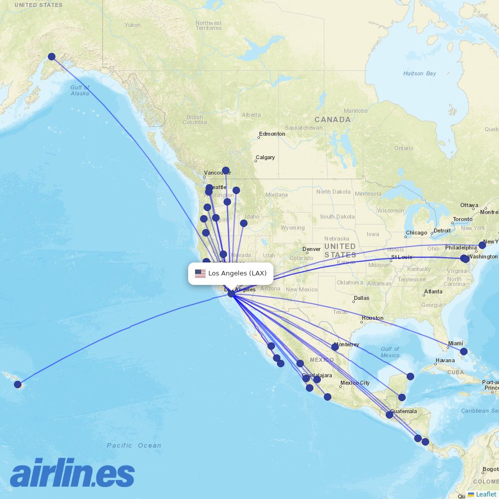 Alaska Airlines from Los Angeles International destination map