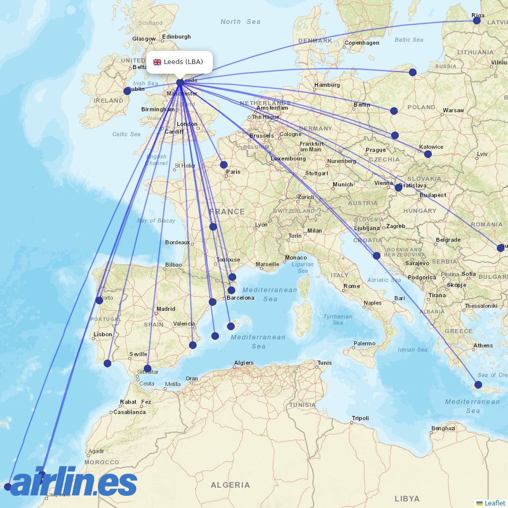 Ryanair from Leeds Bradford destination map