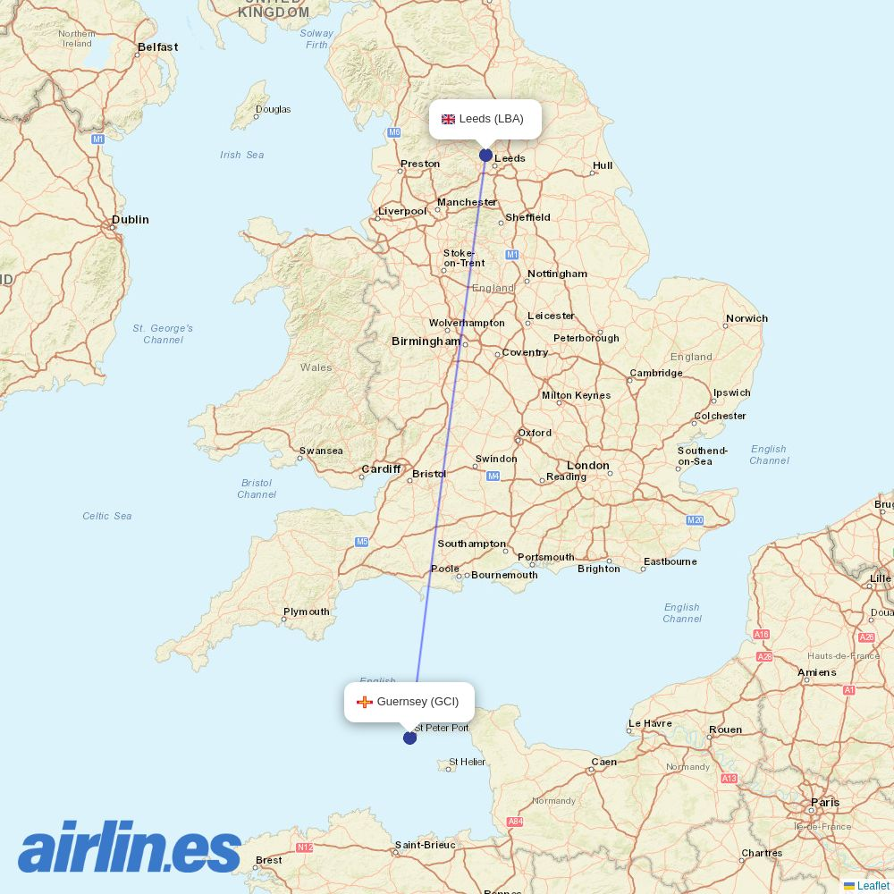 Aurigny Air Services from Leeds Bradford destination map