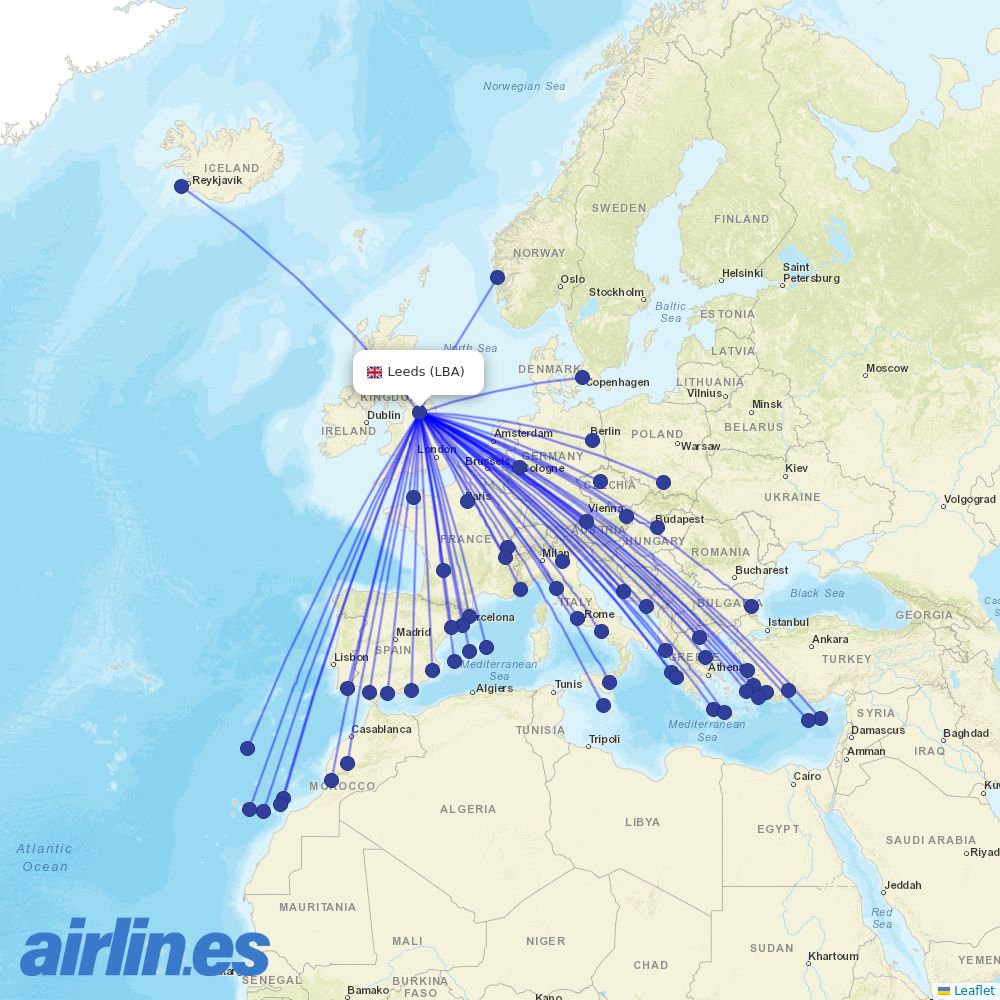 Jet2 at LBA route map