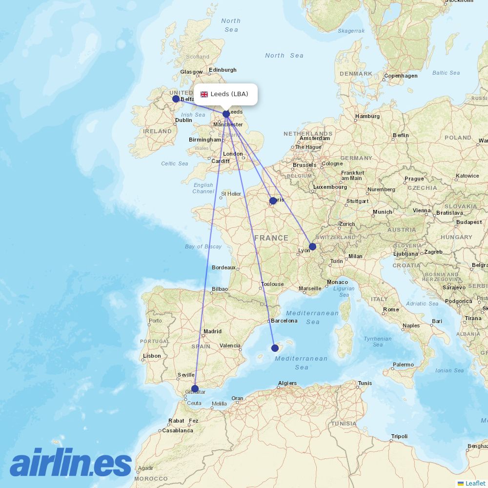 easyJet from Leeds Bradford destination map