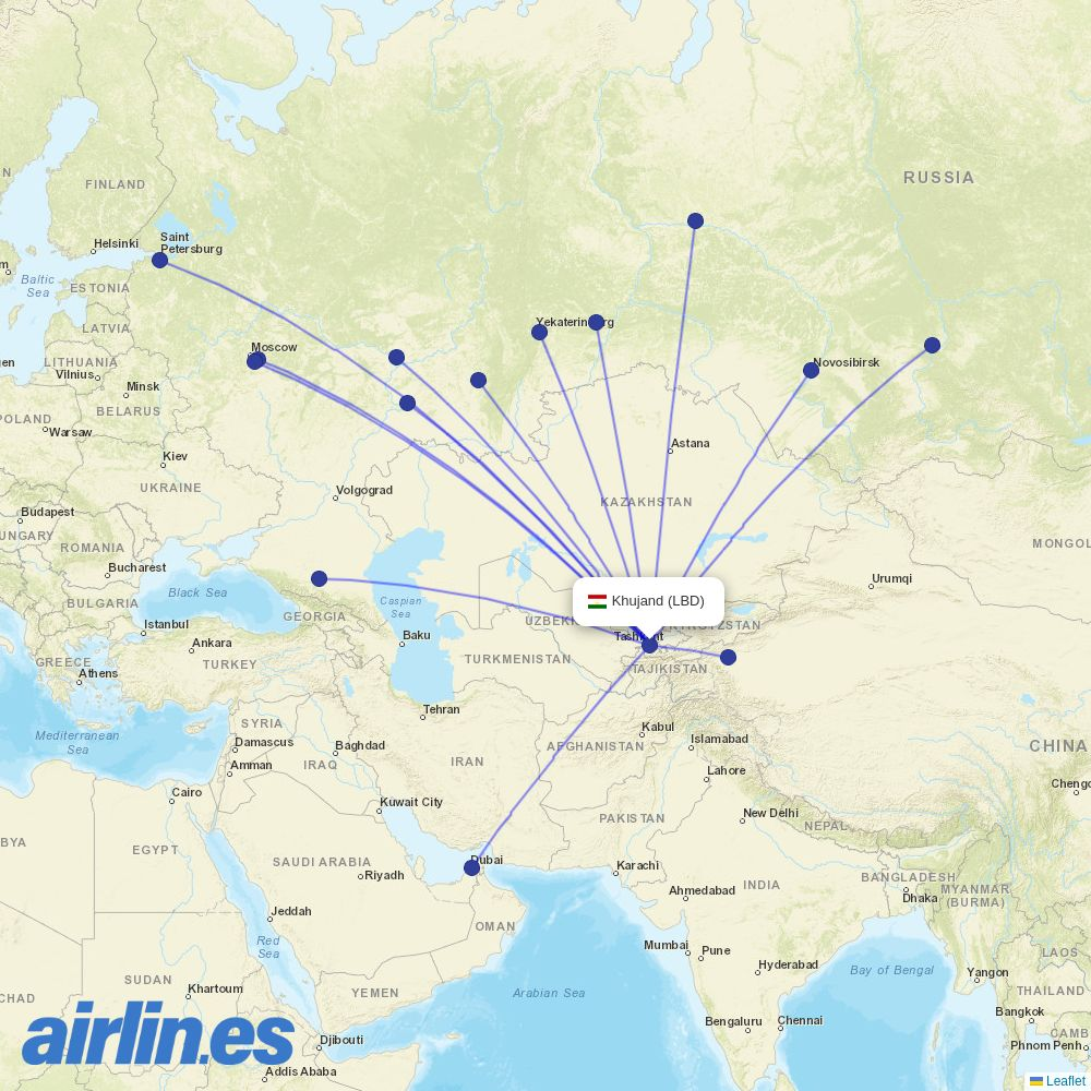 Chengdu Airlines from Khudzhand Airport destination map