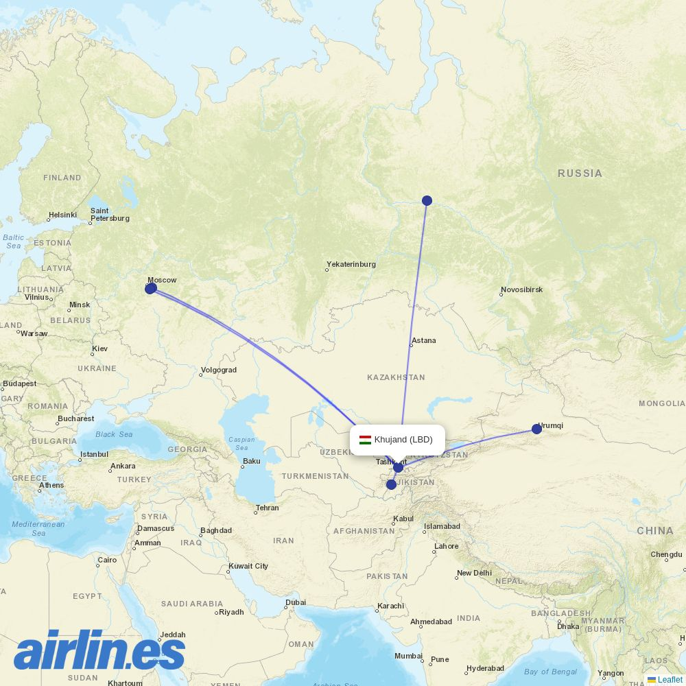 Somon Air from Khudzhand Airport destination map
