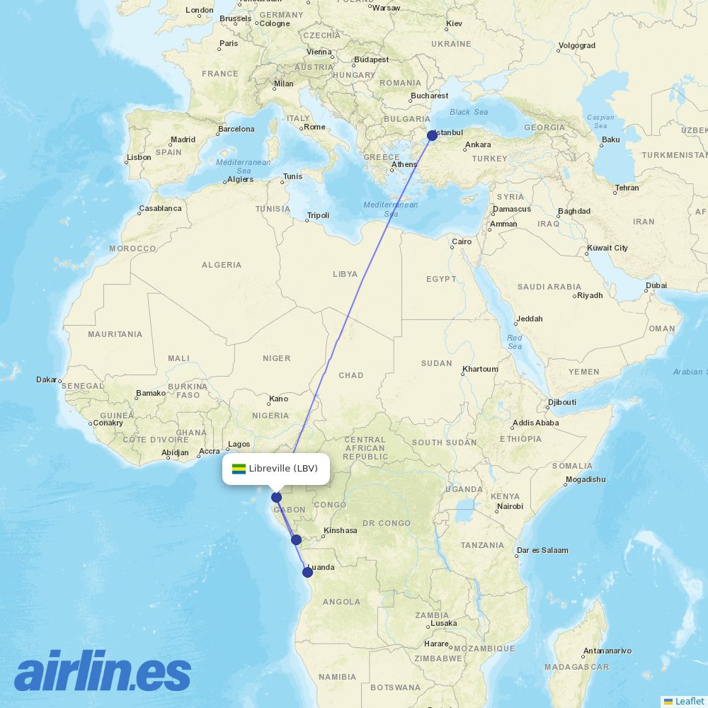 Turkish Airlines from Libreville Leon M Ba destination map