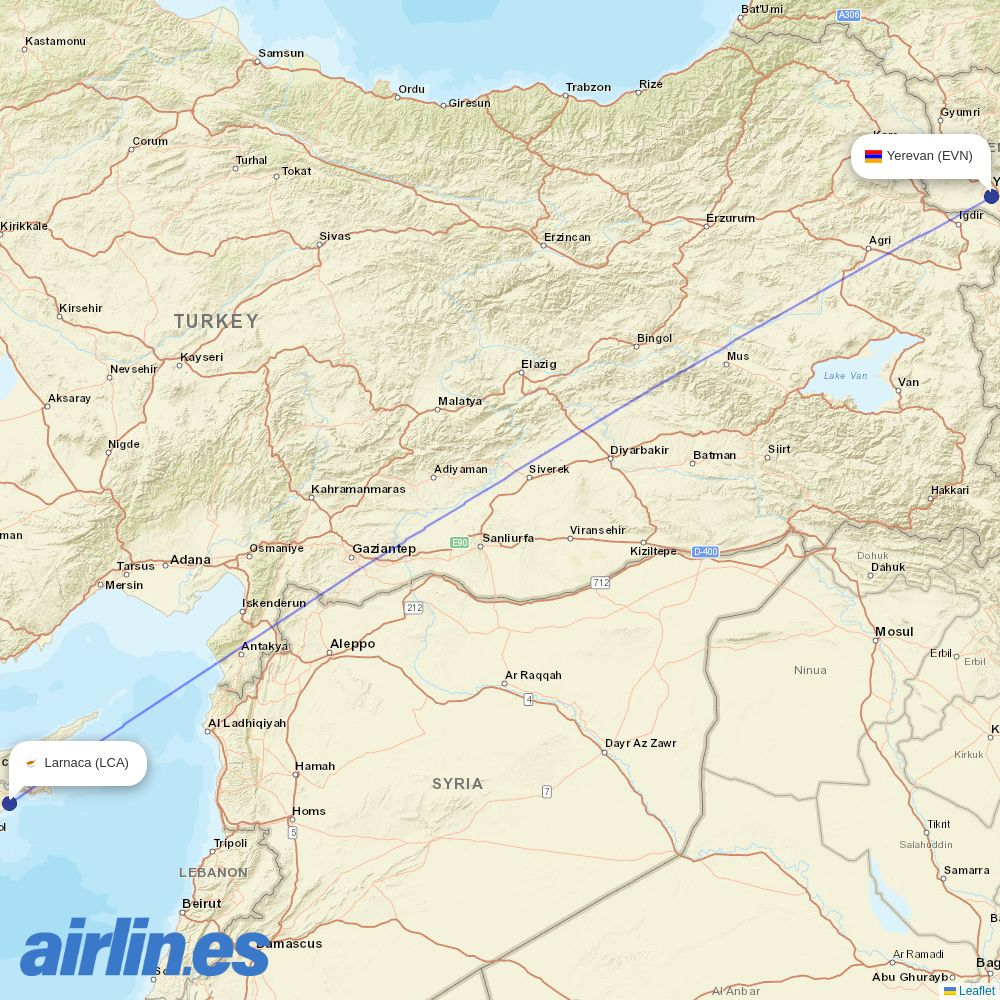 FlyOne Armenia at LCA route map