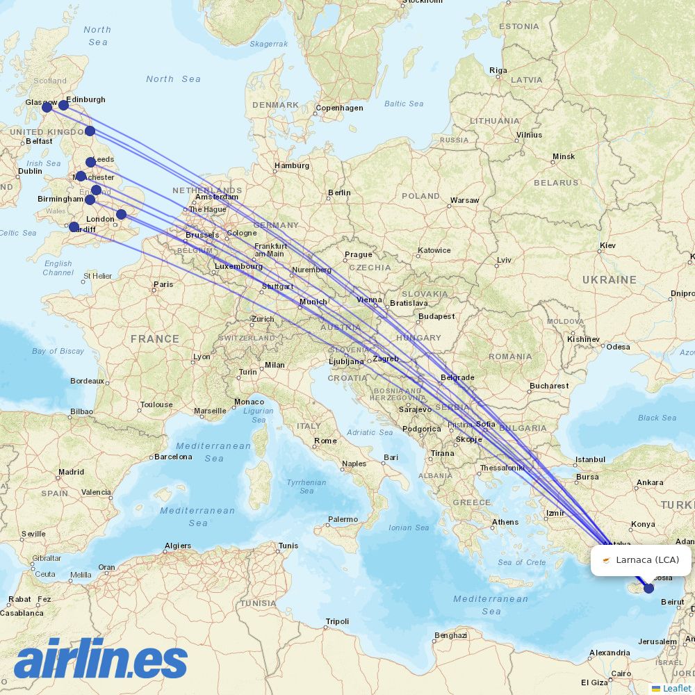 Jet2 from Larnaca Airport destination map