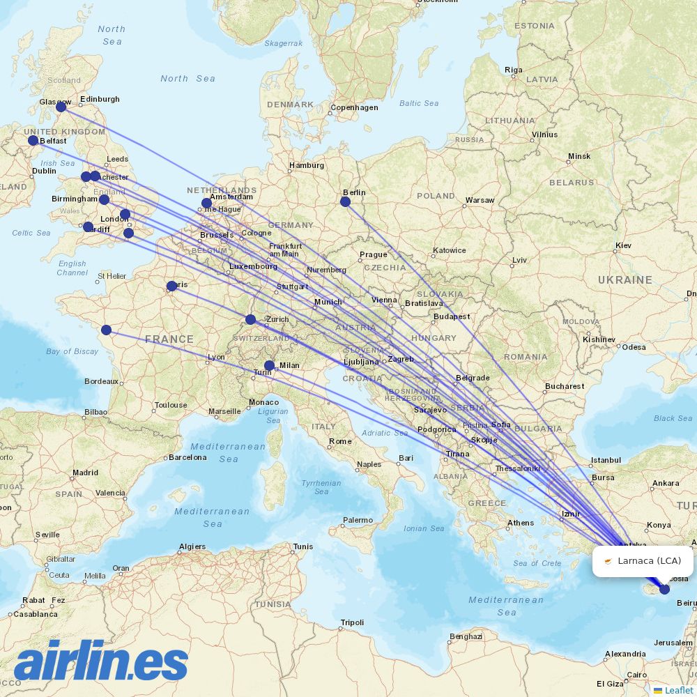 easyJet from Larnaca Airport destination map