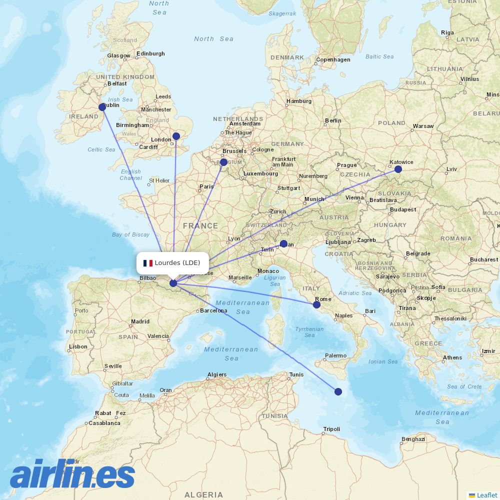 Ryanair from Lourdes destination map