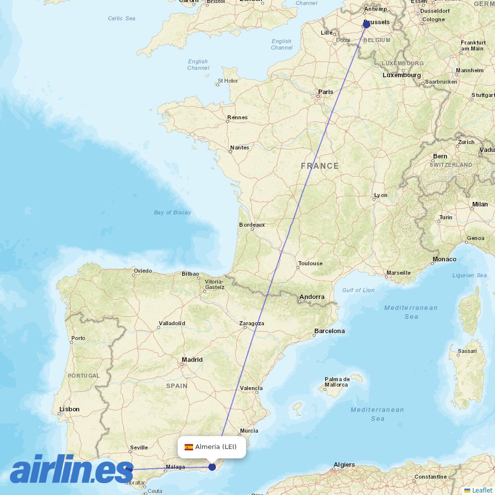 TUI fly Belgium from Almeria destination map