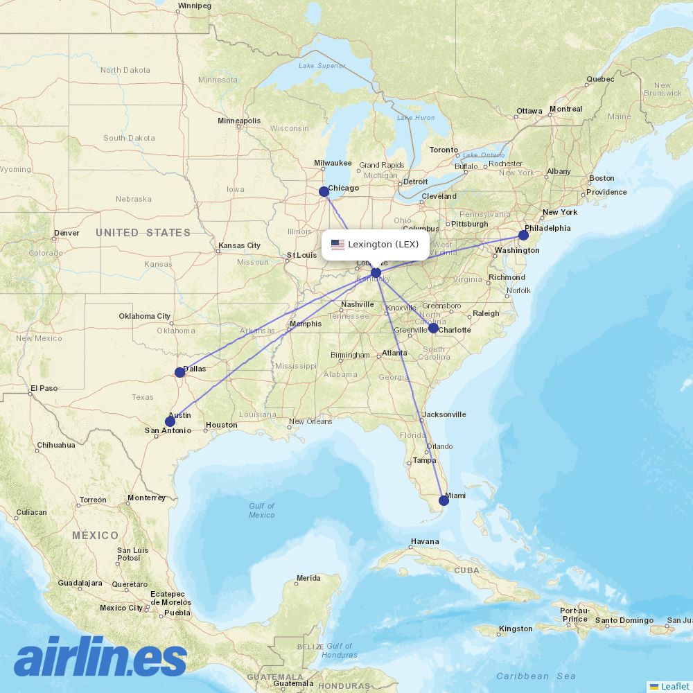 American Airlines from Lexington destination map