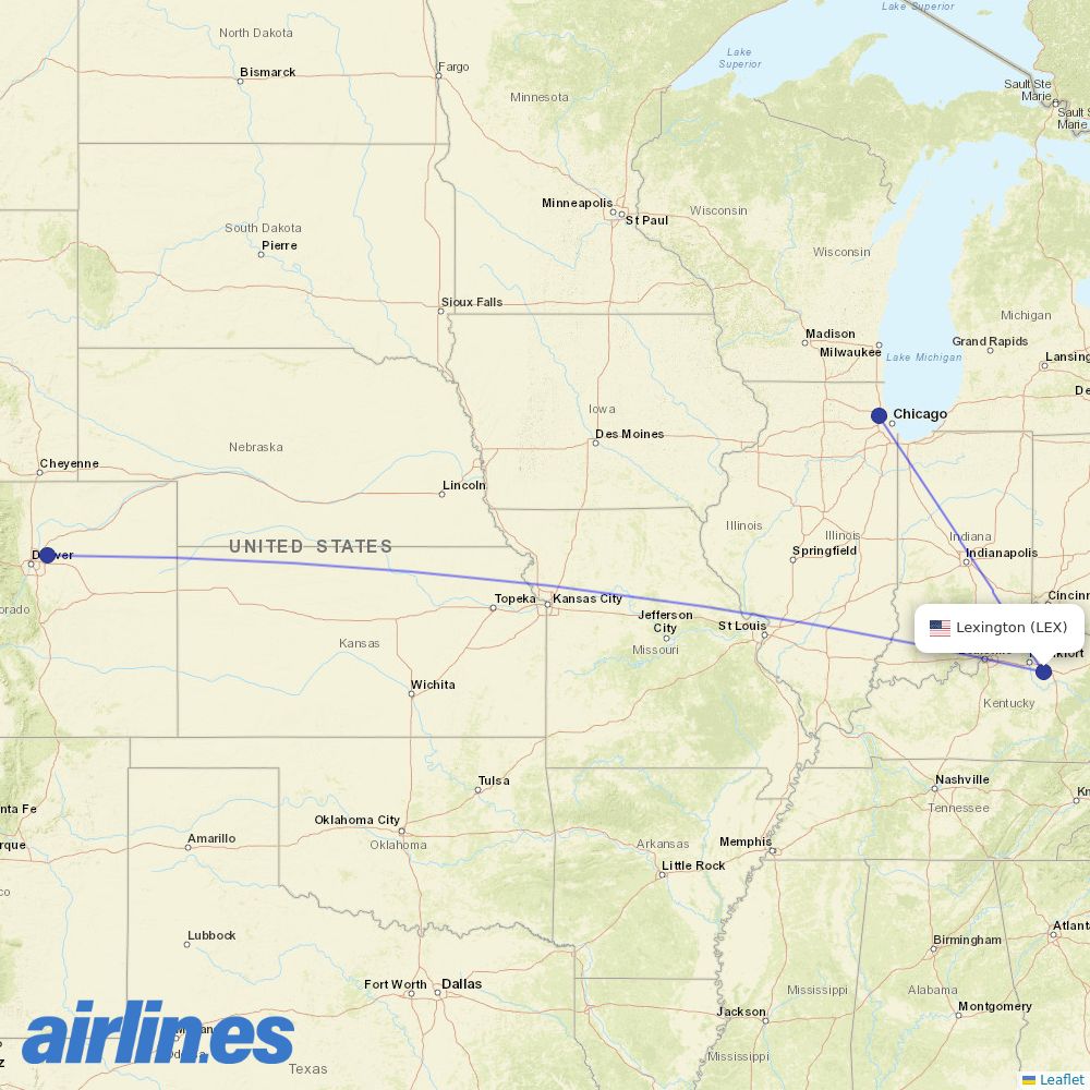 United Airlines from Lexington destination map