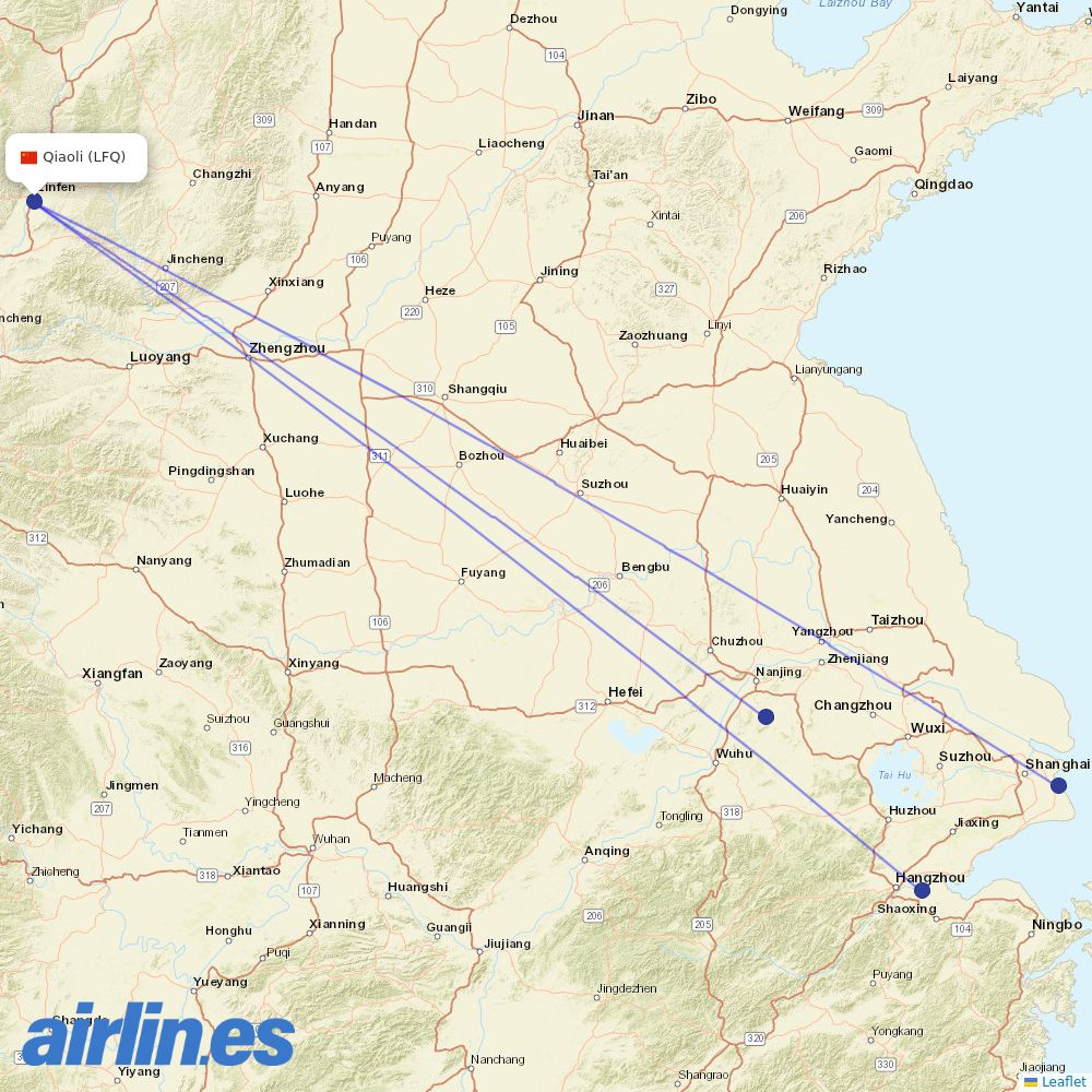 Juneyao Airlines from Linfen Qiaoli Airport destination map