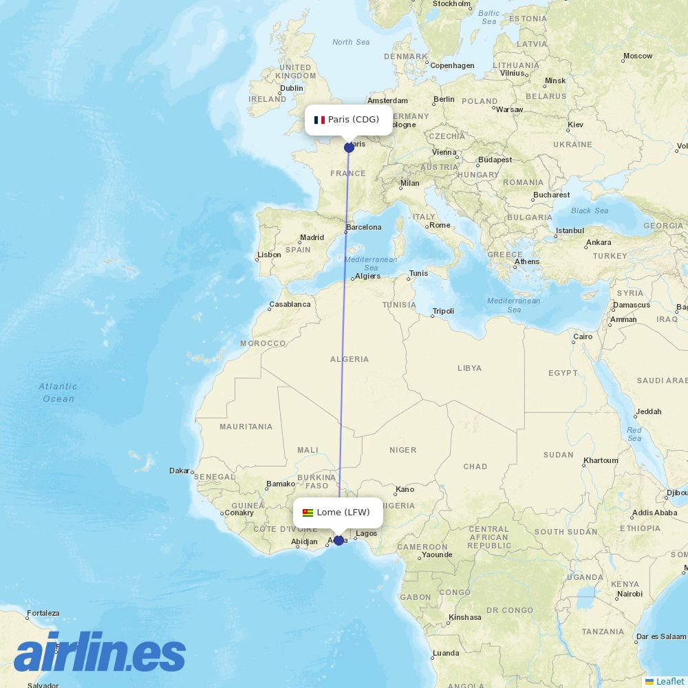 Air France from Lome Tokoin destination map