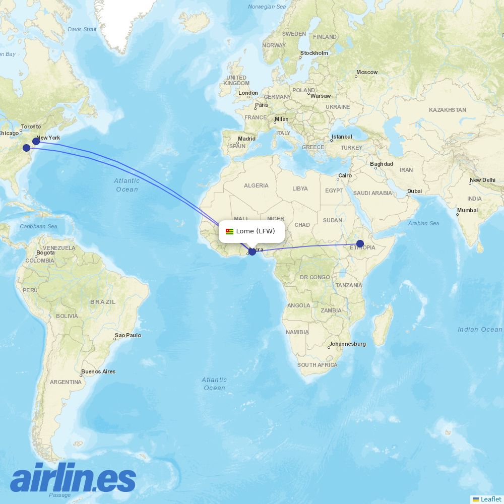 Ethiopian Airlines from Lome Tokoin destination map