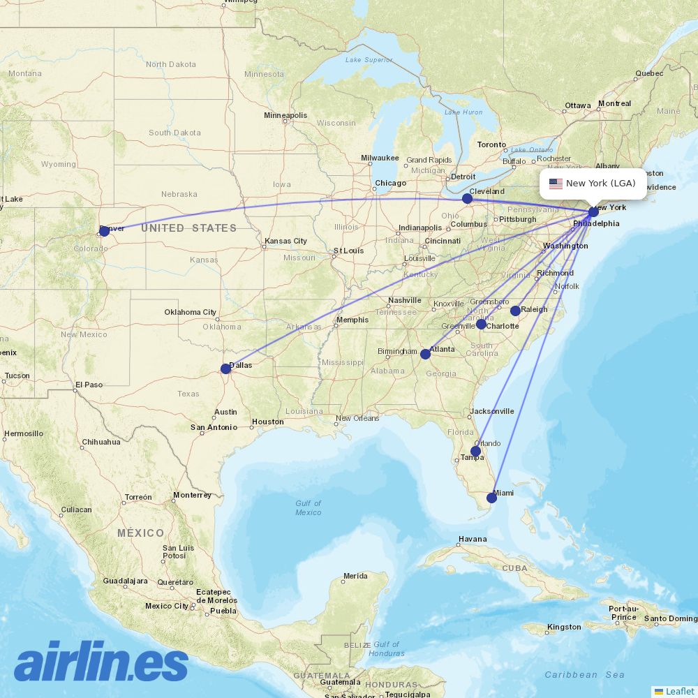 Frontier Airlines from La Guardia destination map