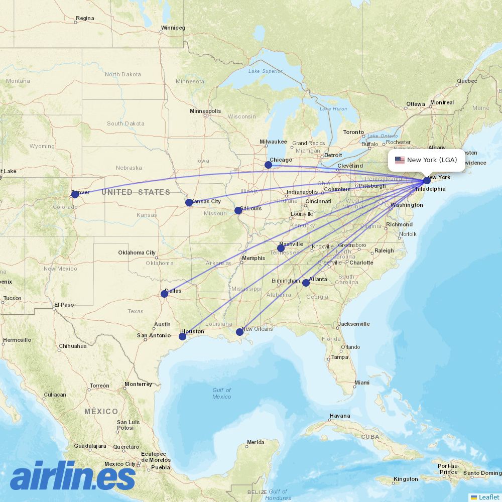Southwest Airlines from La Guardia destination map