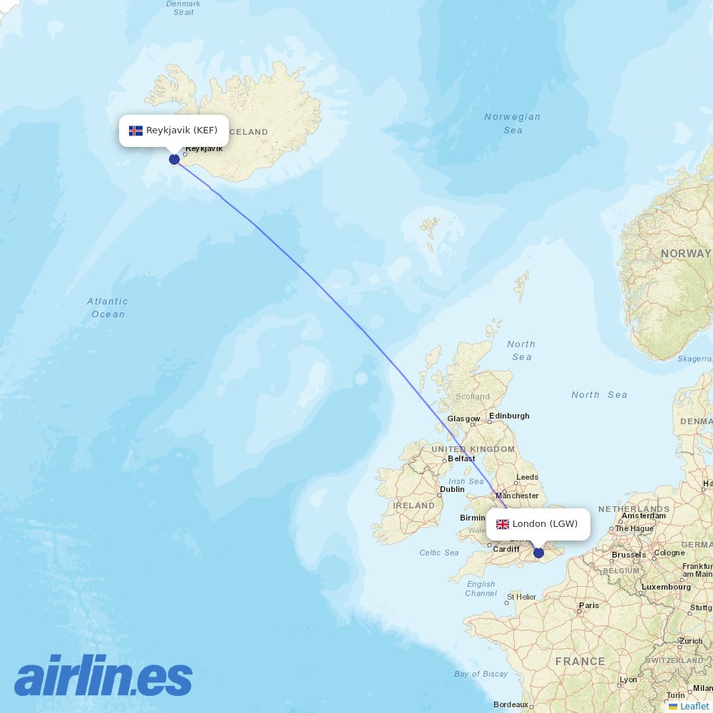 Icelandair from Gatwick destination map
