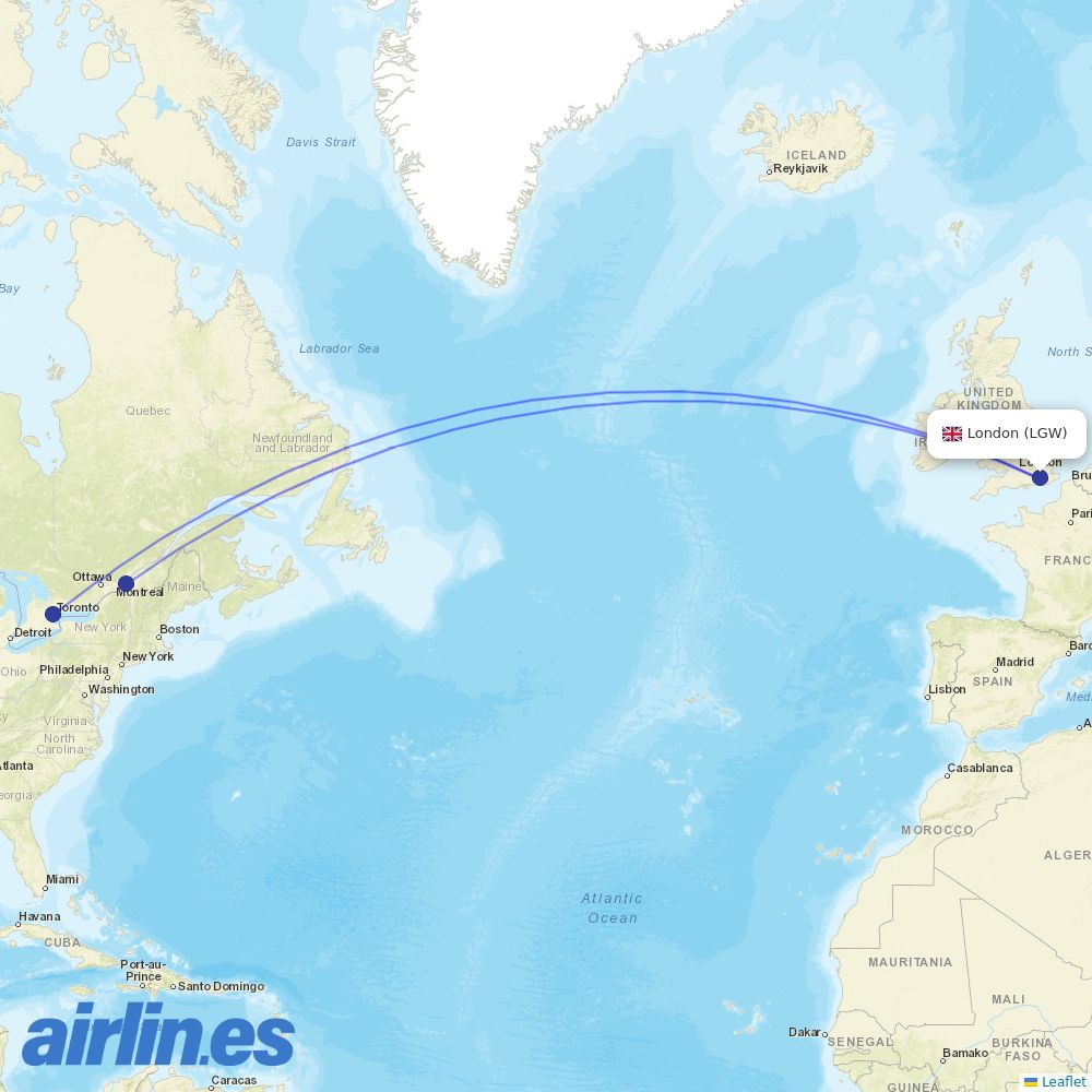 Air Transat at LGW route map