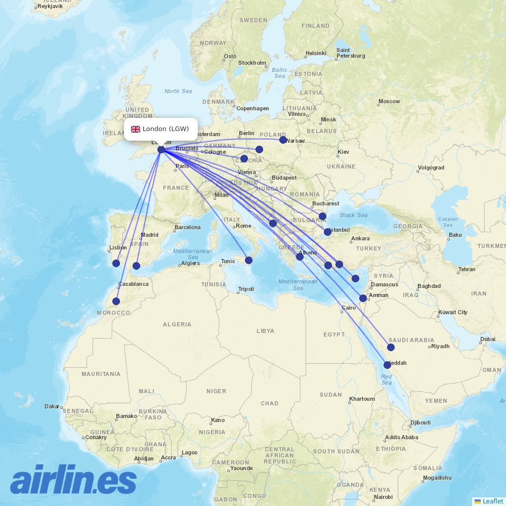 Wizz Air UK from Gatwick destination map