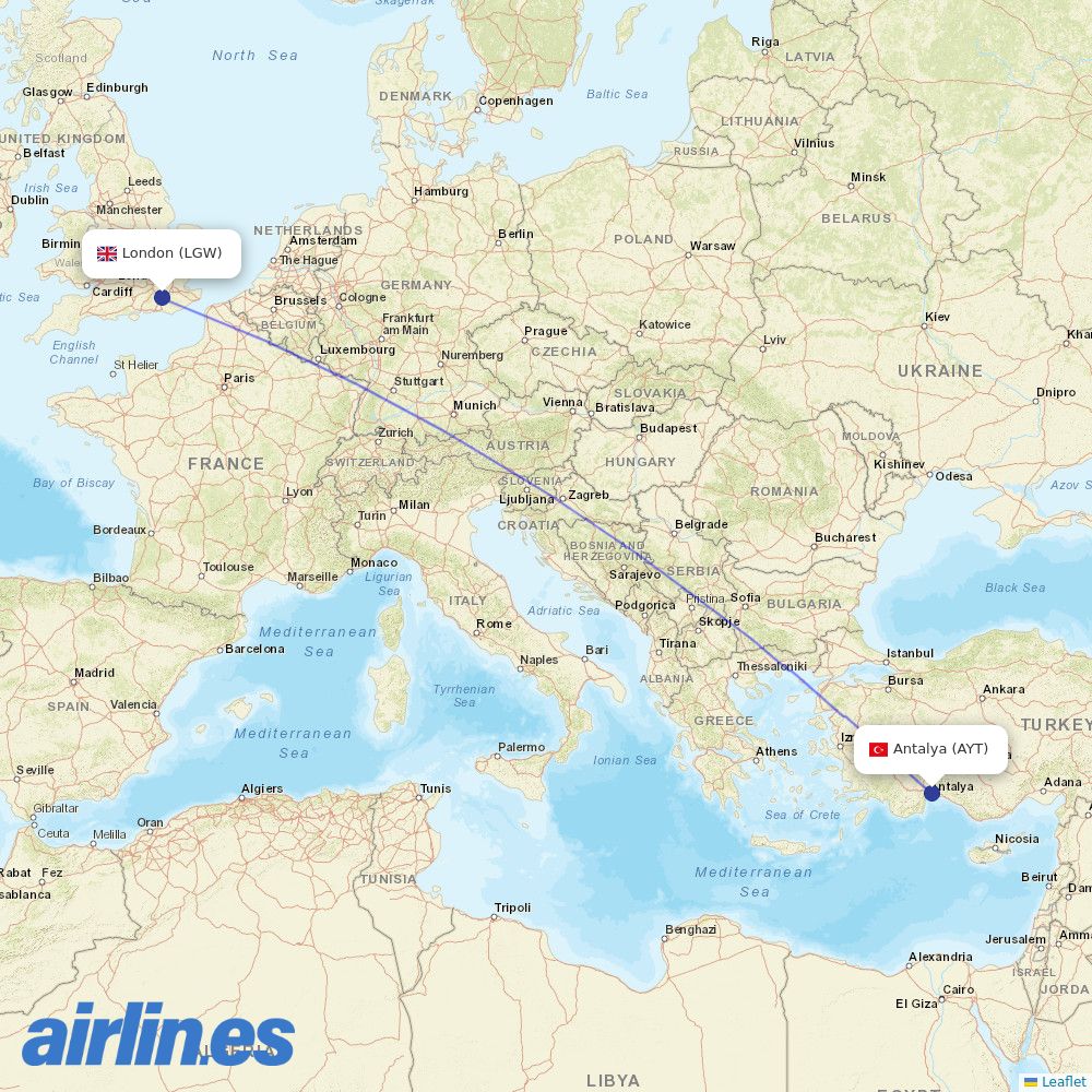 Corendon Airlines from Gatwick destination map