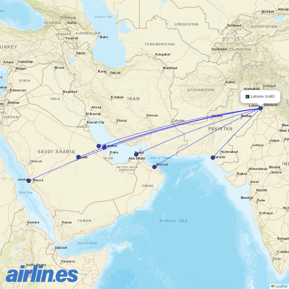 Fly Jinnah from Allama Iqbal International destination map