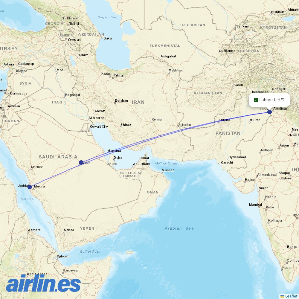 Saudia from Allama Iqbal International destination map