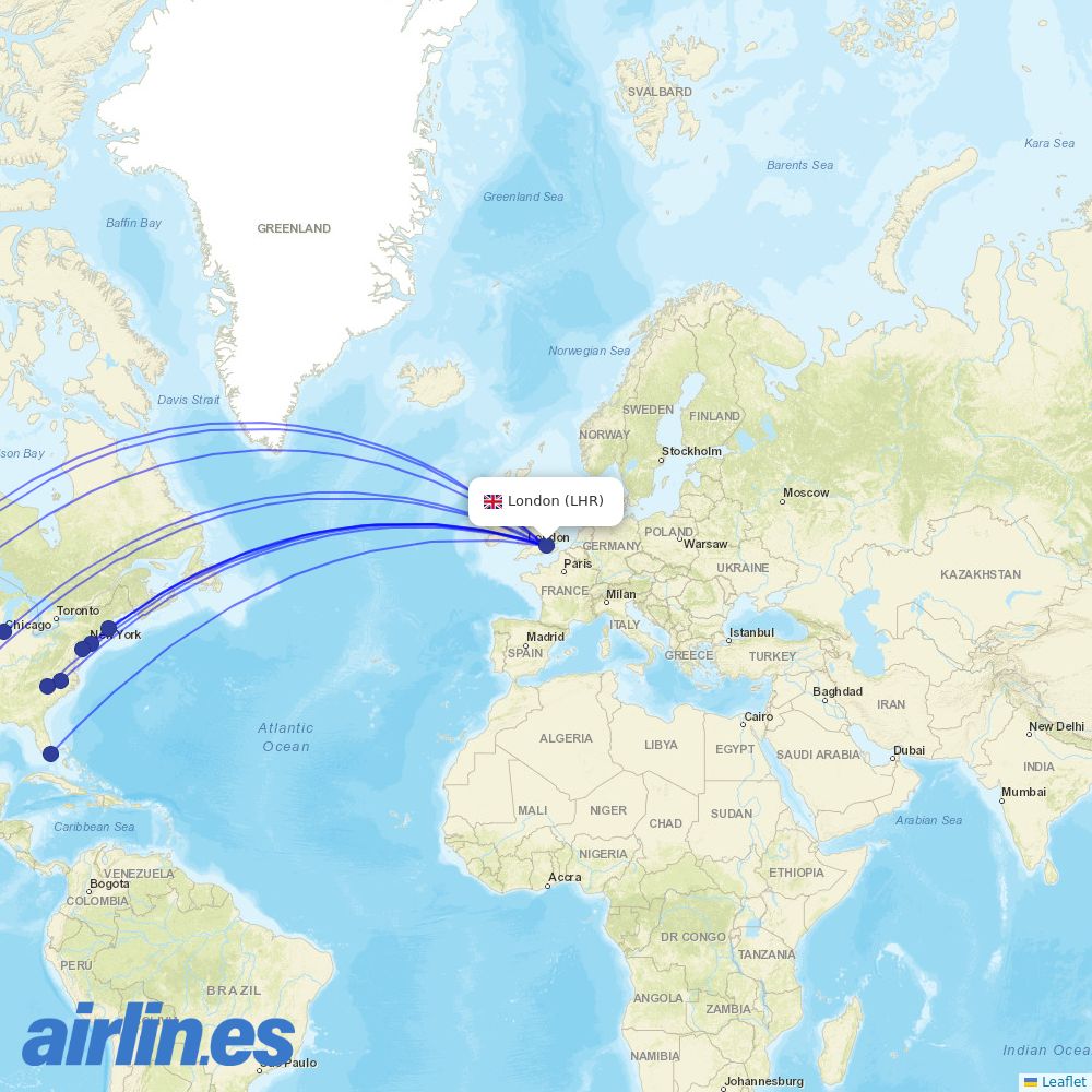 American Airlines from Heathrow destination map