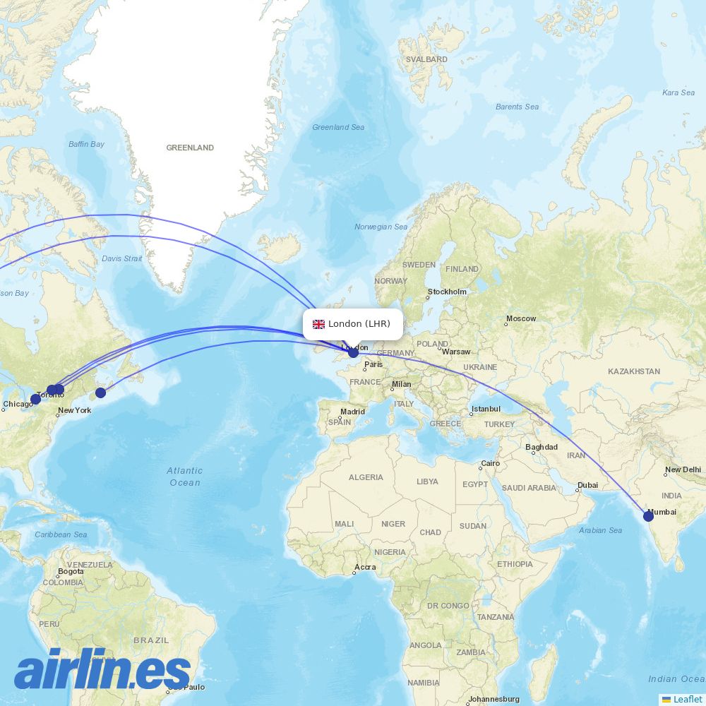 Air Canada from Heathrow destination map