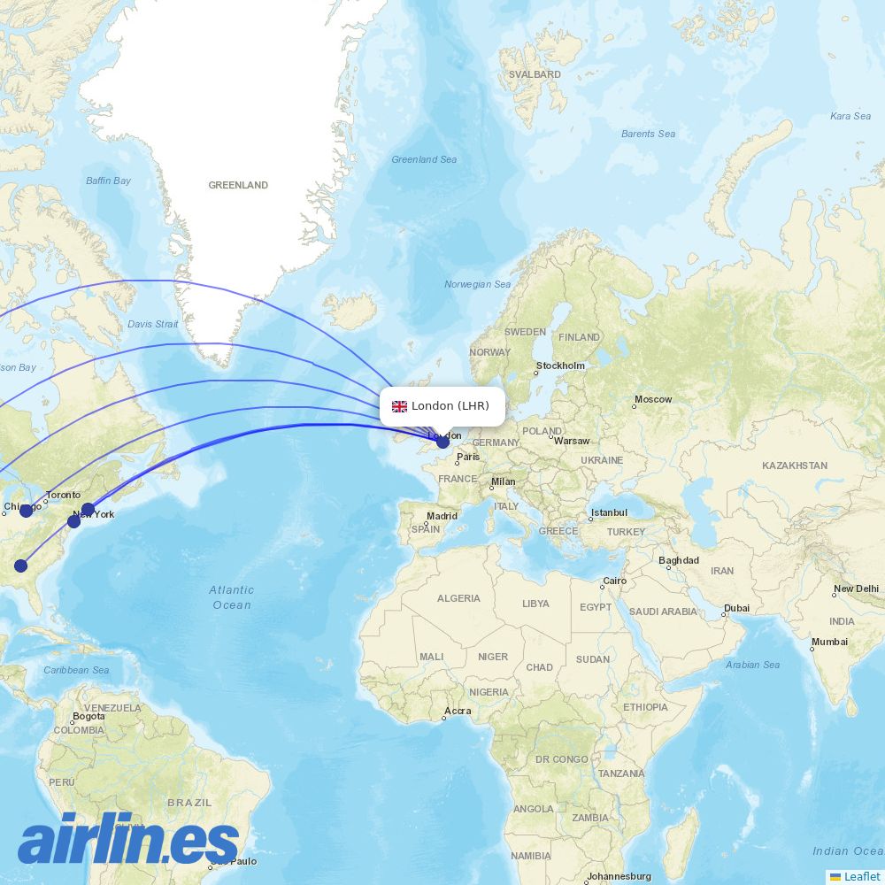 Delta Air Lines from Heathrow destination map
